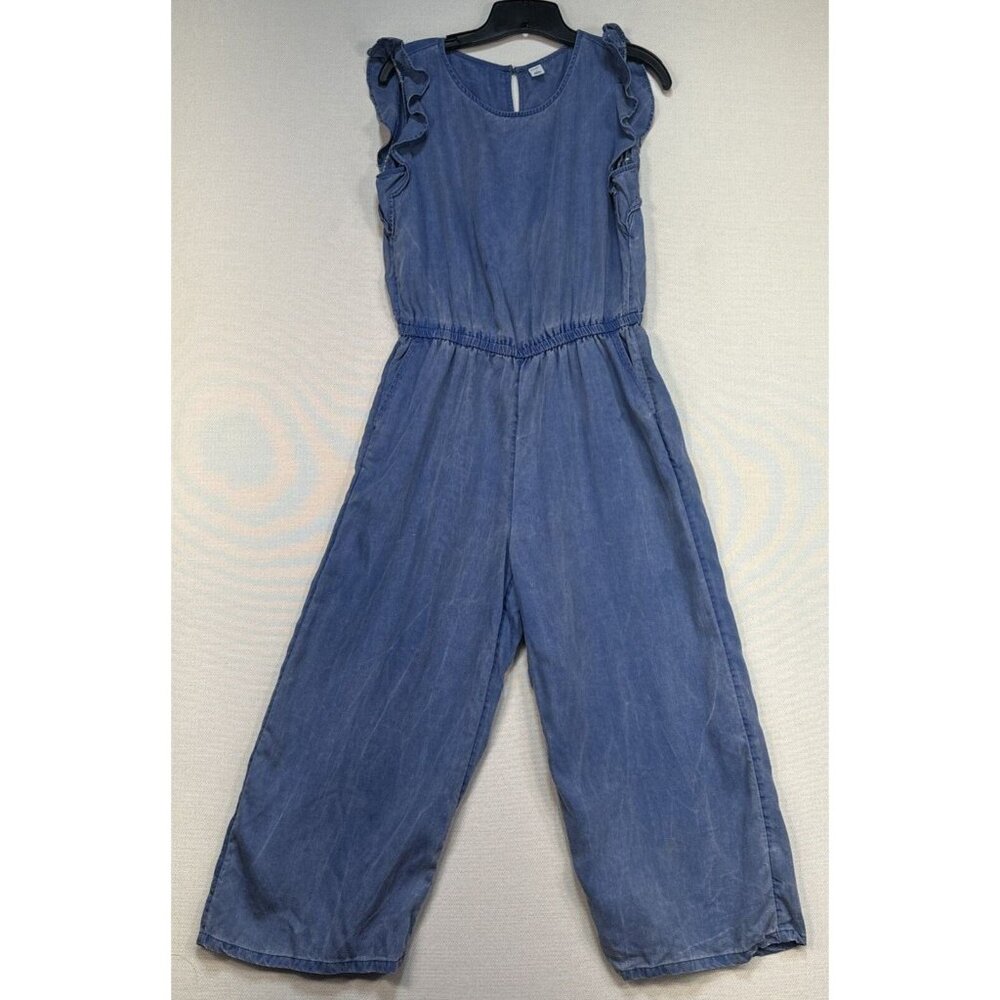 Old Navy Womens Jumpsuit L Size Small Blue Chambray Jumper Ruffle Wide Leg